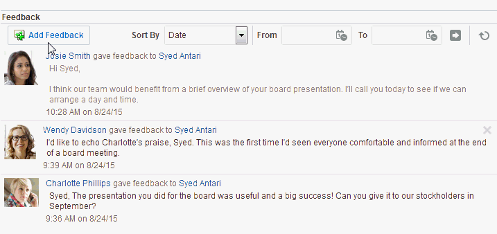 「フィードバック」ビューアの「フィードバックの追加」ボタン