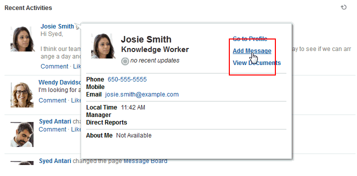 「プロファイル」ポップアップの「メッセージの追加」リンク