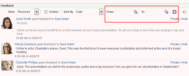 「フィードバック」ビューアの「ソート基準」の日付範囲フィールド