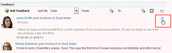 フィードバック・メッセージの「削除」アイコン