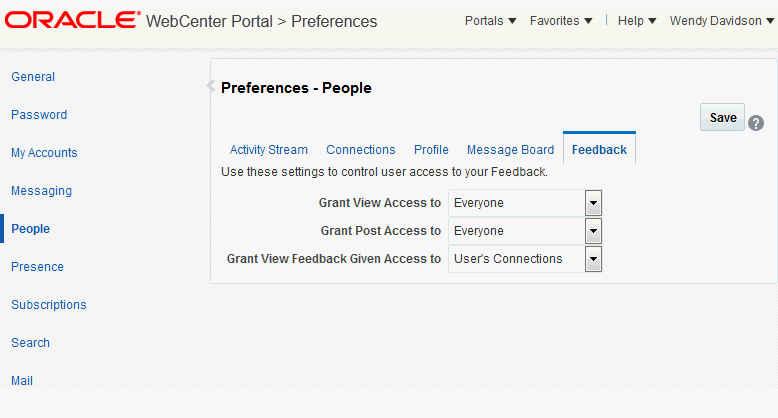 「プリファレンス - 人」ページ: 「フィードバック」タブ