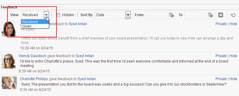 「フィードバック」の「表示」メニュー