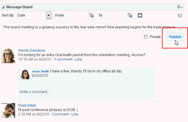 「メッセージ・ボード」ビューの「公開」ボタン