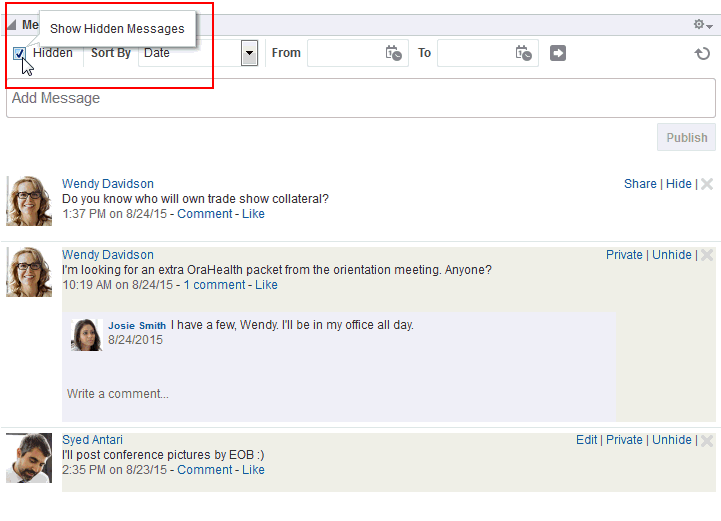 「メッセージ・ボード」ビューアの「非表示」チェック・ボックス