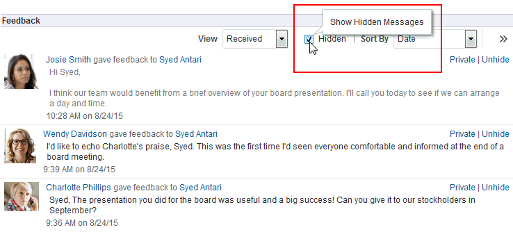 「フィードバック」ビューアの「非表示」チェック・ボックス