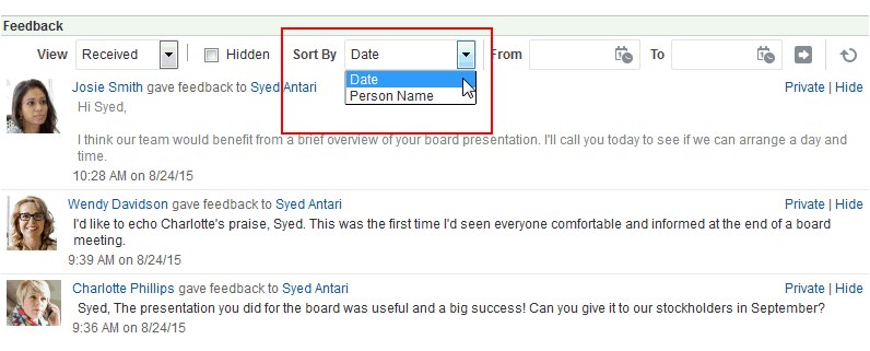 「フィードバック」ビューアの「ソート基準」メニュー