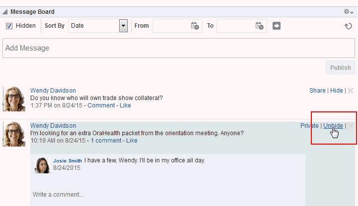 「メッセージ・ボード」ビューアの「非表示解除」リンク
