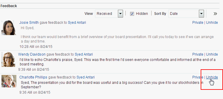 「フィードバック」ビューアの「非表示解除」リンク