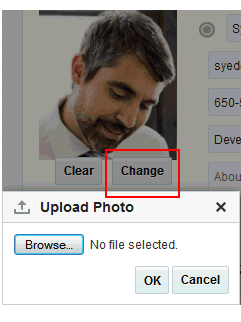 写真の「変更」リンクと「写真のアップロード」ダイアログ