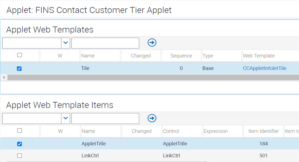 Sample configuration of applet web template and web template items for FINS Contact Customer Tier Applet: This image is described in the surrounding text.