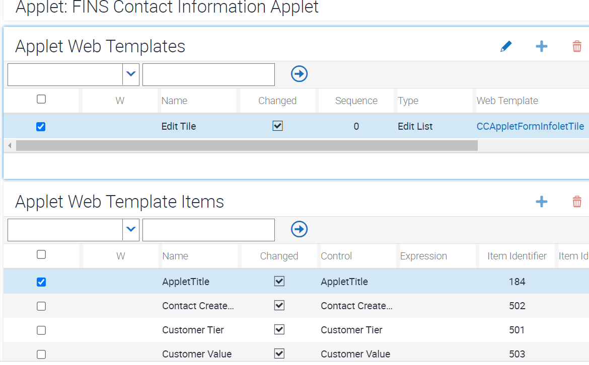 Sample configuration of applet web template and web template items for FINS Contact Information Applet: This image is described in the surrounding text.