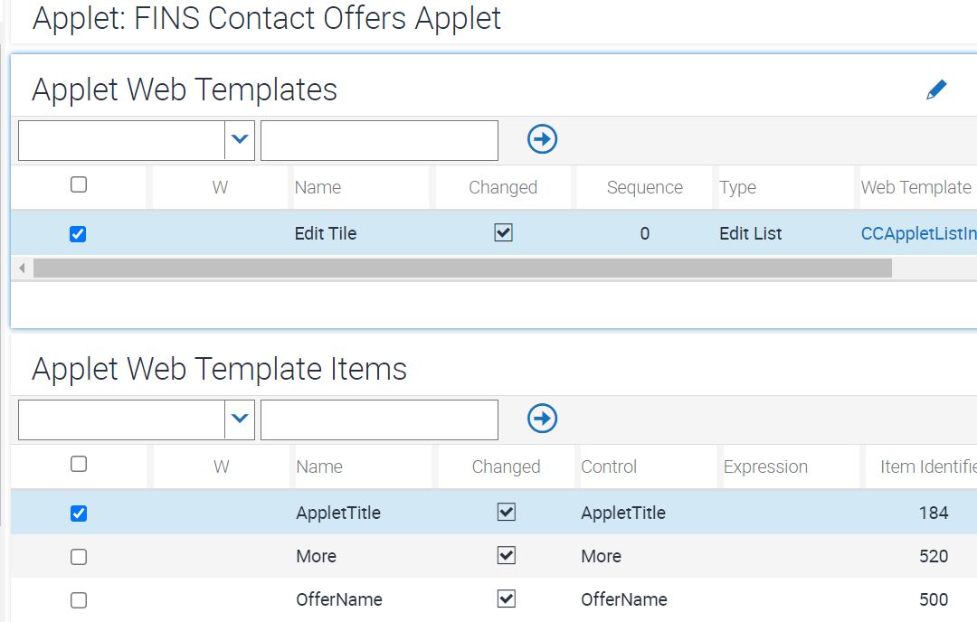 Sample configuration of applet web template and web template items for FINS Contact Offers Applet: This image is described in the surrounding text.