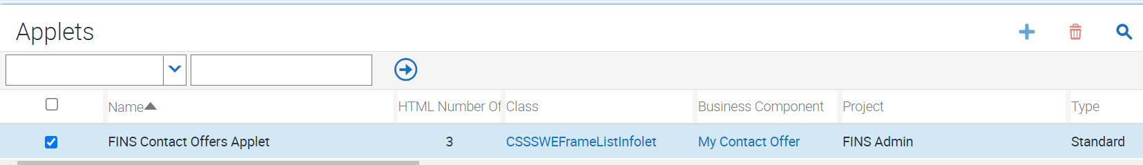 Sample configuration for FINS Contact Offers Applet: This image is described in the surrounding text.