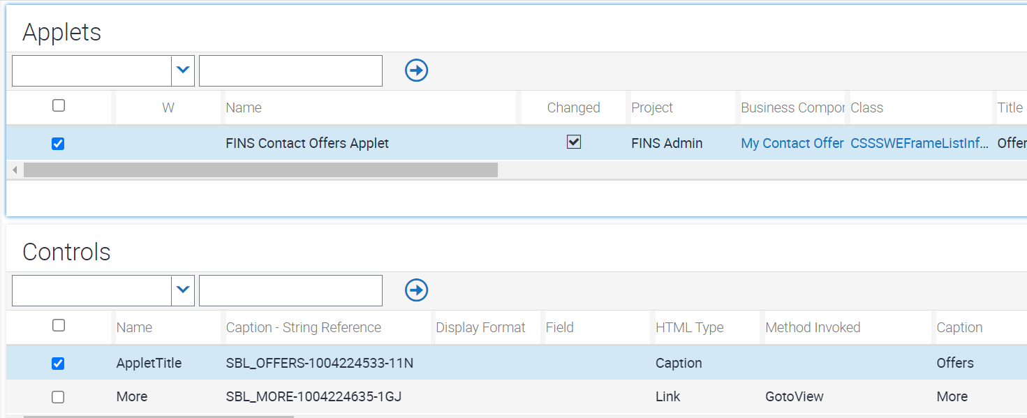 Sample configuration for FINS Contact Offers Applet controls: This image is described in the surrounding text.