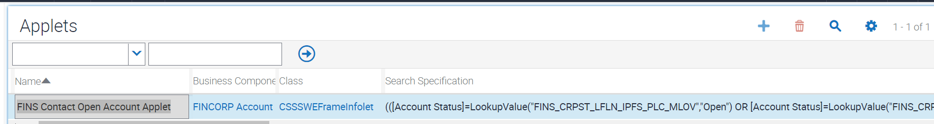 Sample configuration for FINS Contact Open Account Applet: This figure is described in the surrounding text.