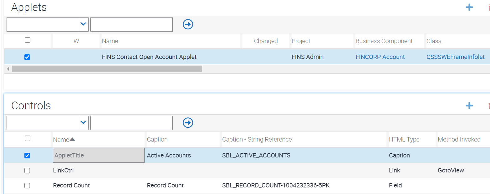 Sample configuration for FINS Contact Open Account Applet controls: This figure is described in the surrounding text.