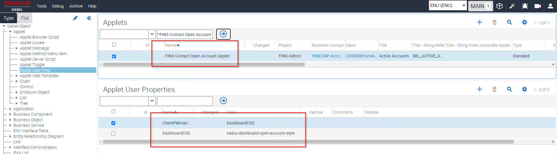 Add a new CSS class by configuring applet user properties for FINS Contact Open Account Applet: This image is described in the surrounding text.