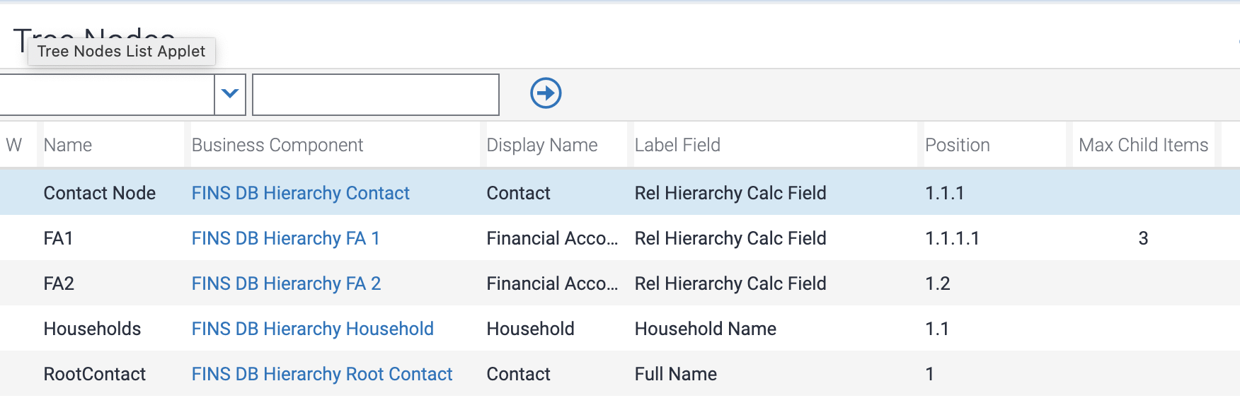 Example of modifying tree nodes for creating a Financial Accounts hierarchy applet: This image is described in the surrounding text.