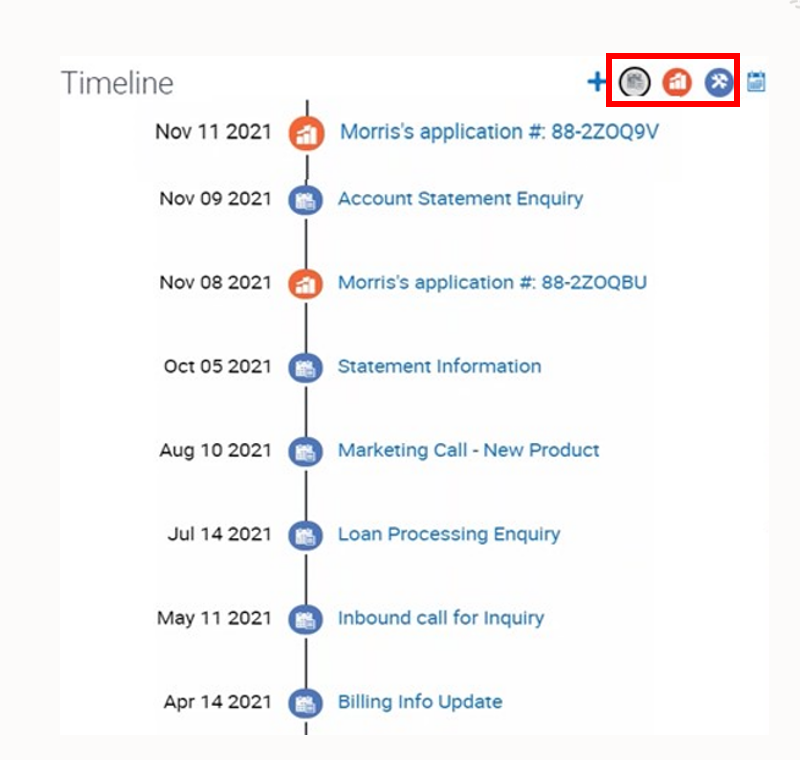 Timeline component and entity filters: This image is described in the surrounding text.