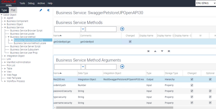 The surrounding text describes the output arguments listed in the Business Service Method Arguments pane.