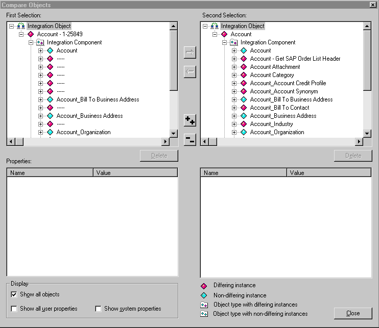 In this image, the Compare Objects dialog box is divided into two sections labeled First Selection and Second Selection. There is a Properties area below each section with the fields Name and Value.