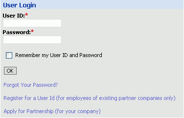 Example of the Applet Form 1-Col (Base/Edit/New) Web Template. In this image of an example applet, the applet is labeled User Login. There are label and field pairs in one column.