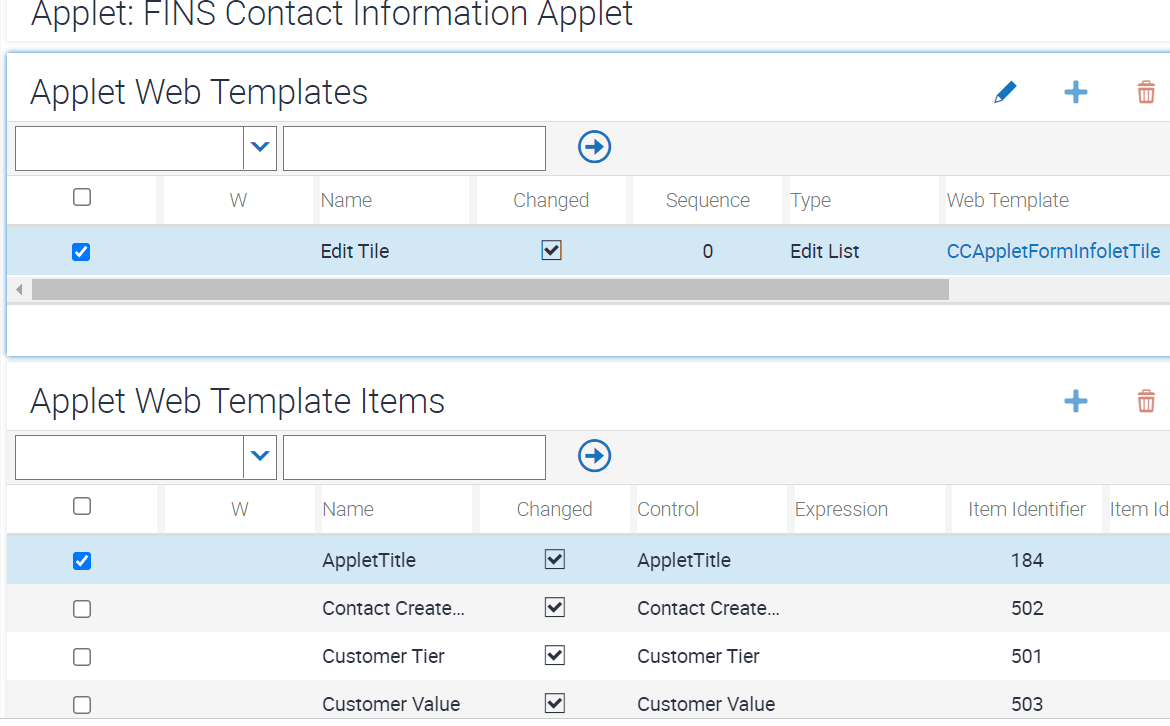 Sample configuration of applet web template and web template items for FINS Contact Information Applet: This image is described in the surrounding text.
