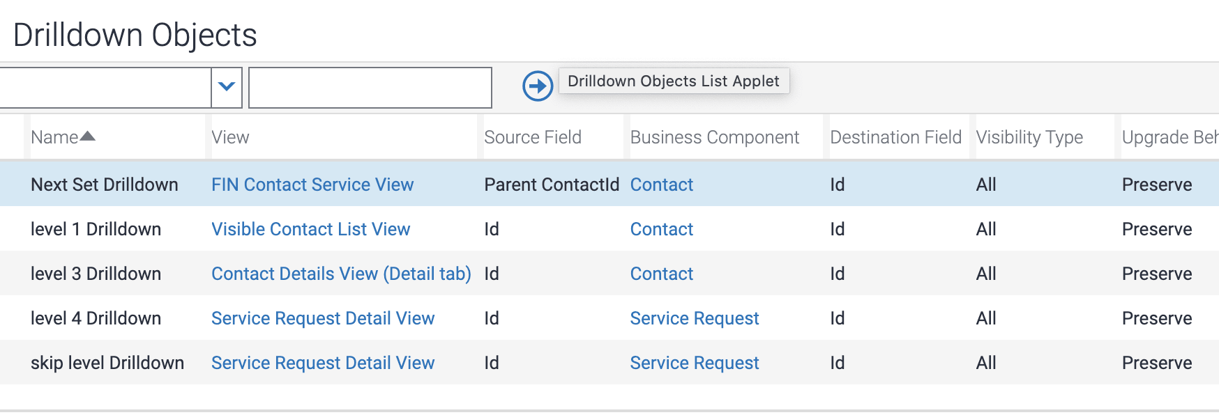 Example of modifying drilldown object properties for creating a Service Requests hierarchy applet: This image is described in the surrounding text.