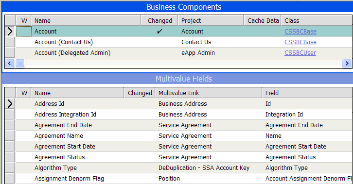 In this image, there are two list applets: Business Components followed by Multivalue Fields. In the Business Components list applet at the beginning of the image, the first record is active and has the value: Account in the Name field. In the Multivalue Fields list applet, the active record has the value Name: Address Id. The field Multivalue Link has the value: Business Address.