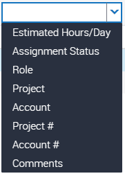 Example of a Drop-Down List: The following options are available in the drop-down list: Estimated Hours/Day, Assignment Status, Role, Project, Account, Project #, Account #, Comments.