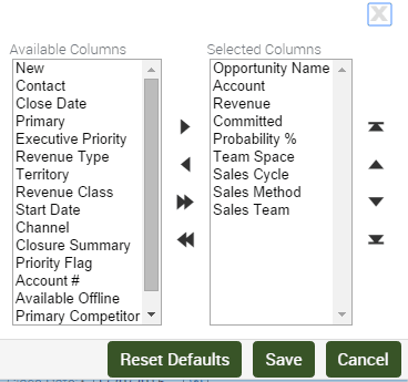 This image contains the following elements: (1) Available Columns list. (2) Selected Columns list. (3) Navigation buttons - located between the Available Columns and Selected Columns list. (4) Order Column buttons - located next to the Selected Columns list. (5) The following buttons: Save, Cancel, Reset Defaults.