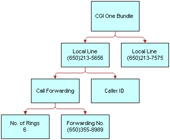 In this image, CGI One Bundle has two Local Lines. The first Local Line has Call Forwarding and Caller ID. Call Forwarding has No. of Rings 6 and Forwarding No. The other Local Line has no extra components.