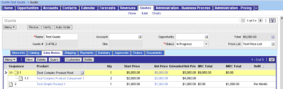 This figure shows the Quotes tab in the Quote Test Quote view. Two complex products and a simple product are listed in the List Line Items pane.