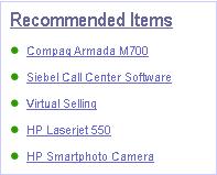 Example of the DotComAppletListBriefBulletBorder Template. In this image of an applet labeled Recommended Items, there is a bulleted list of items.