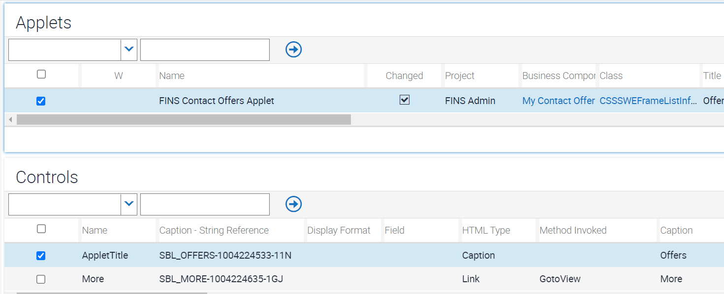 Sample configuration for FINS Contact Offers Applet controls: This image is described in the surrounding text.