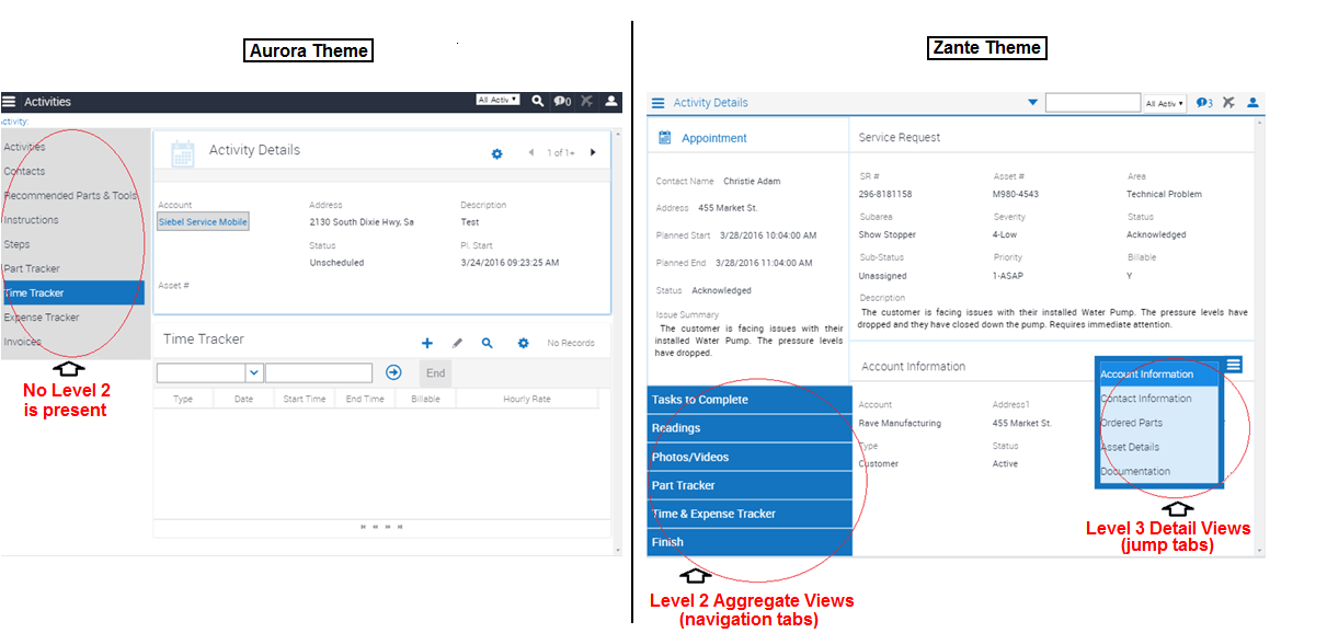 Siebel Mobile User Interface Aurora and Zante Theme Comparison: This image is described in the surrounding text.