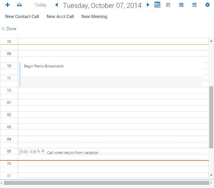Example of the Calendar Screen: The image shows the daily view for Tuesday, October 7th 2014. There is a meeting scheduled from 10:00 am to 12:00 noon (titled Begin Radio Broadcasts) and a call scheduled from 5:00 to 5:30 pm.