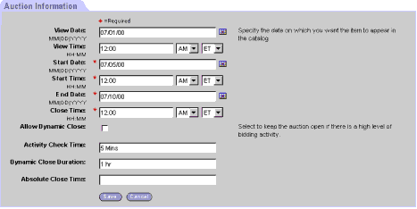Example of the DotComAppletForm1Col Template. In this image of a form, there is a tab at the beginning of the image which is labeled: Auction Information. Field labels appear on the near side of the form with fields for entering data appearing after the field labels. Two buttons appear at the end of the form.