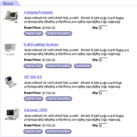 Example of the DotComAppletListDetailedImgBullet Template. At the beginning of this image, there is a tab labeled Items. After Items, there is a list of records. Each record has a product image (computers in this example), a title description, a description and buttons for each record.