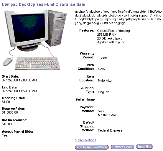 Example of the DotComAppletFormItemDetail Template. In this image of a form applet, there is a label at the beginning of the image. An image of a computer appears after the label at the beginning of the first column. The image is followed by label and field pairs. A second column also has label and field pairs. At the end of the form, in the second column, there are three buttons.
