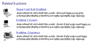 Example of the DotComAppletListBriefImgBulletBorder Template. In this image, the beginning of the image is labeled Related Auctions. This is followed by a bulleted list of records that include an image, a record title, and a brief description.