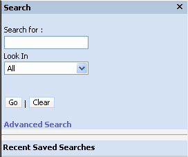 Example of the AppletSearchBasic Template. In this image, there is a bar at the beginning of the applet labeled Search. The following label and field pairs appear in one column: Search For, Look In (drop-down list). There are buttons after the label and field pairs: Go, Clear.