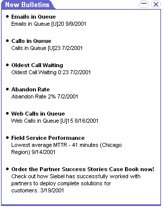 Example of the Applet List Message Template. In this image, the applet is labeled New Bulletins. A list of records follows the label. Each record has a bullet followed by a link and short descriptive text.