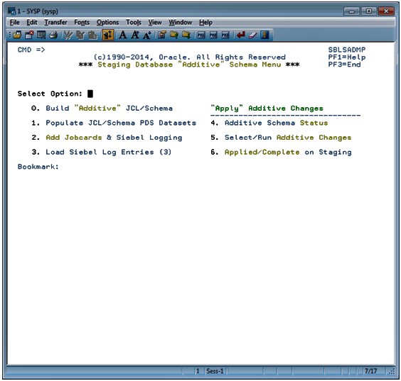 The Staging Database Additive Schema Menu options are: 0. Build Additive JCL/Schema, 1. Populate JCL/Schema PDS Datasets, 2. Add Jobcards and Siebel Logging, 3. Load Siebel Log Entries (3), 4. Additive Schema Status, 5. Select/Run Additive Changes, 6. Applied/Complete on Staging.