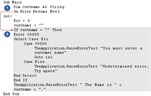 Example That Handles Custom Errors In the Body of the Code. This image is described in surrounding text.