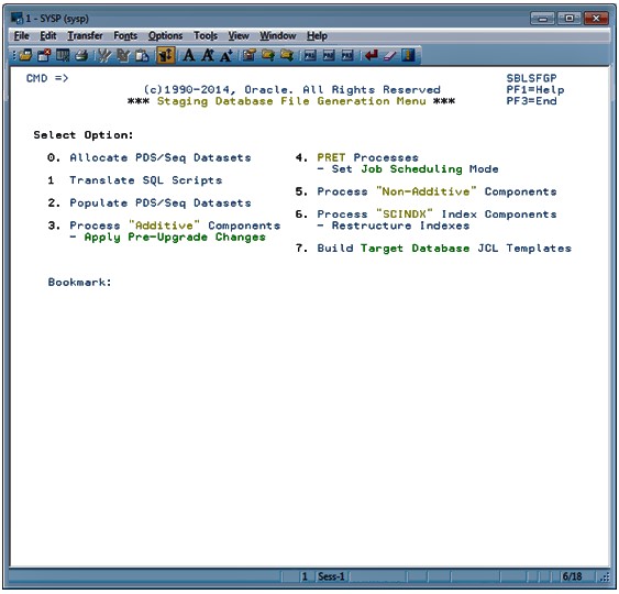 The Staging Database File Generation Menu options are: 0. Allocate PDS/Seq Datasets, 1. Translate SQL Scripts, 2. Populate PDS/Seq Datasets, 3. Process Additive Components - Apply Pre-Upgrade Changes, 4. PRET Processes - Set Job Schedulig Mode, 5. Process Non-Additive Components, 6. Process SCINDX Index Components - Restructure Indexes, 7. Build Target Database JCL Templates.