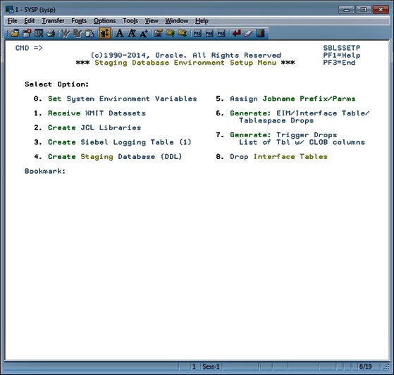 The Staging Database Environment Setup Menu options are: 0. Set System Environment Variables, 1. Receive XMIT Datasets, 2. Create JCL Libraries, 3. Create Siebel Logging Table (1), 4. Create Staging Database (DDL), 5. Assign Jobname Prefix/Params, 5. Generate: EIM/Interface Table/Tablespace Drops, 6. Generate: Trigger Drops List of Tbl w/ CLOB columns, 8. Drop Interface Tables.