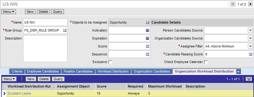 Example of Defining Workload Distribution for Organizations: This image shows the workload distribution rule for Excellent Leads where the Assignment Object value is Opportunity, the Score value is 10, the Required value is Always, and the Maximum Workload value is 3.