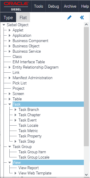 Task object type hierarchy in the Object Explorer: This image is described in the surrounding text.