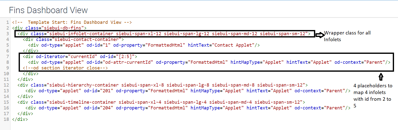 Sample HTML configuration for view template for Siebel Financial Services dashboard: This image is described in the surrounding text.